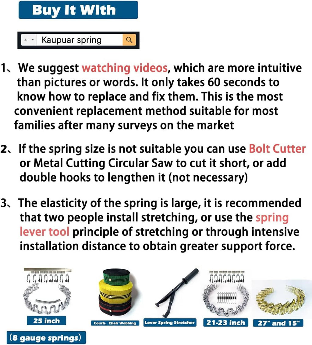 Sofa spring replacement toolkit with lever tools and spring size options