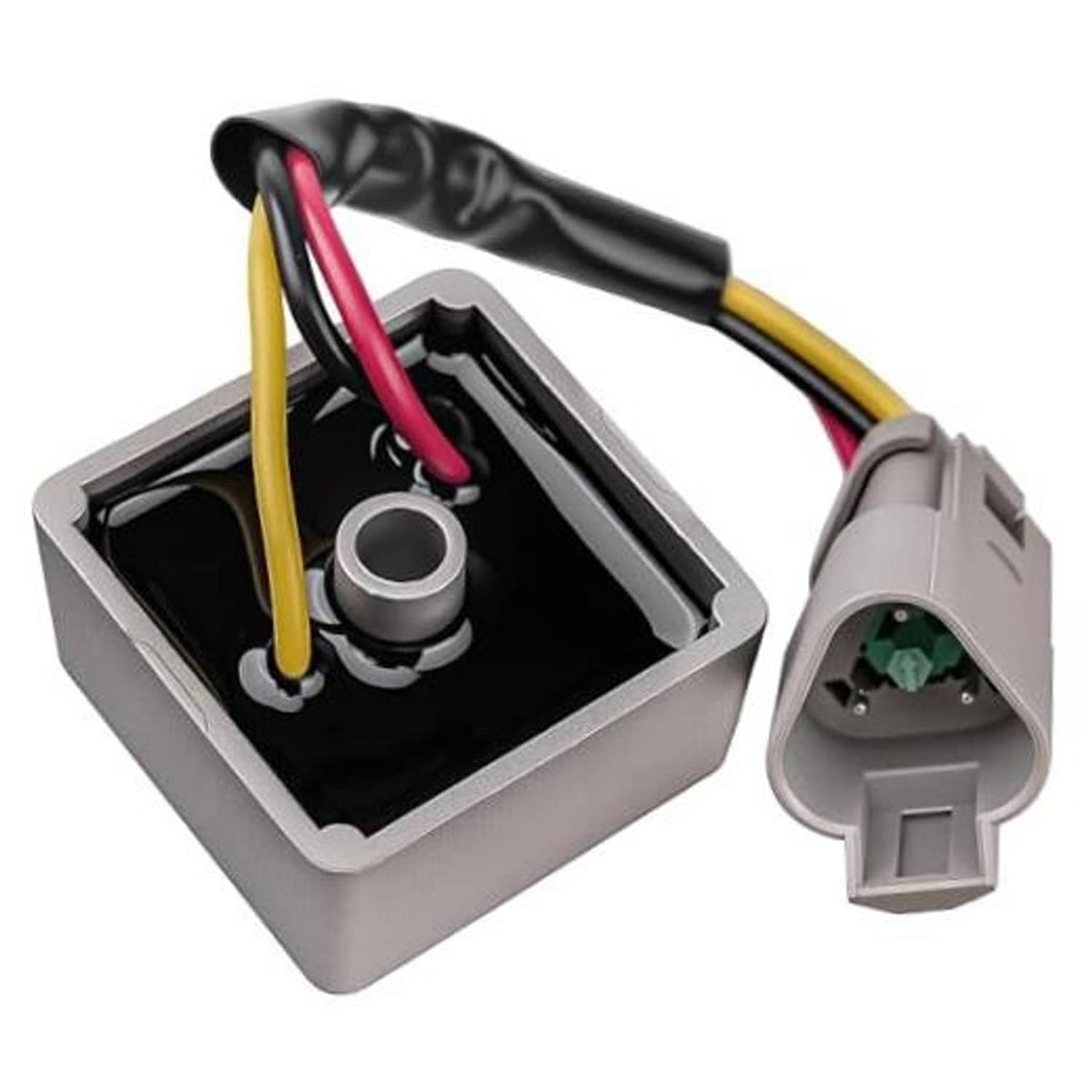 Voltage regulator rectifier with aluminum casing and gray multi-pin electrical connector