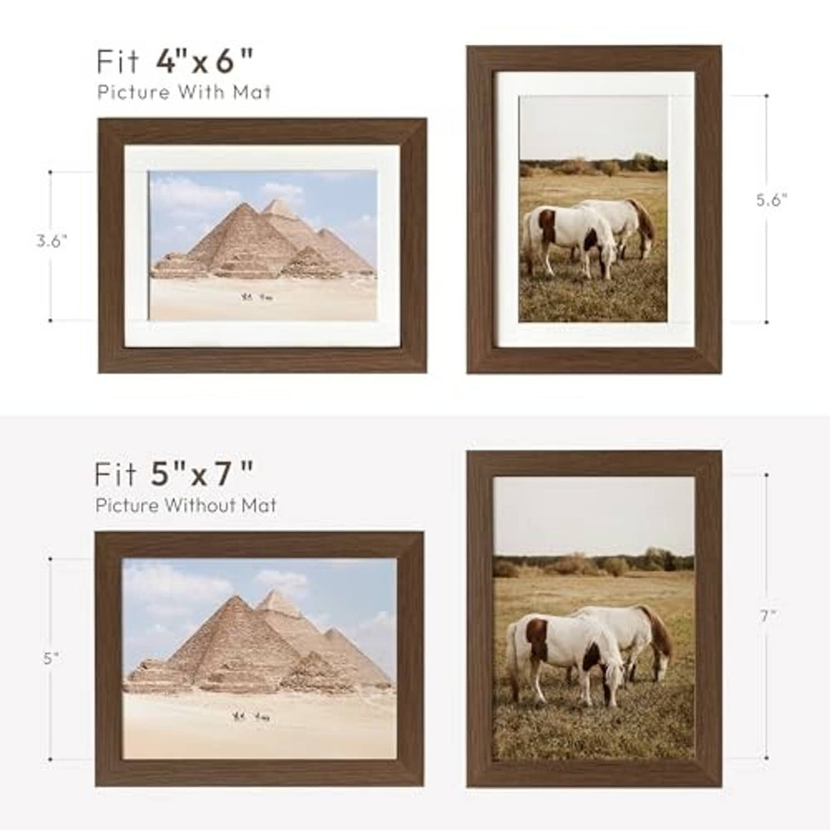 Walnut oak photo frames showing 5x7 size with and without mat