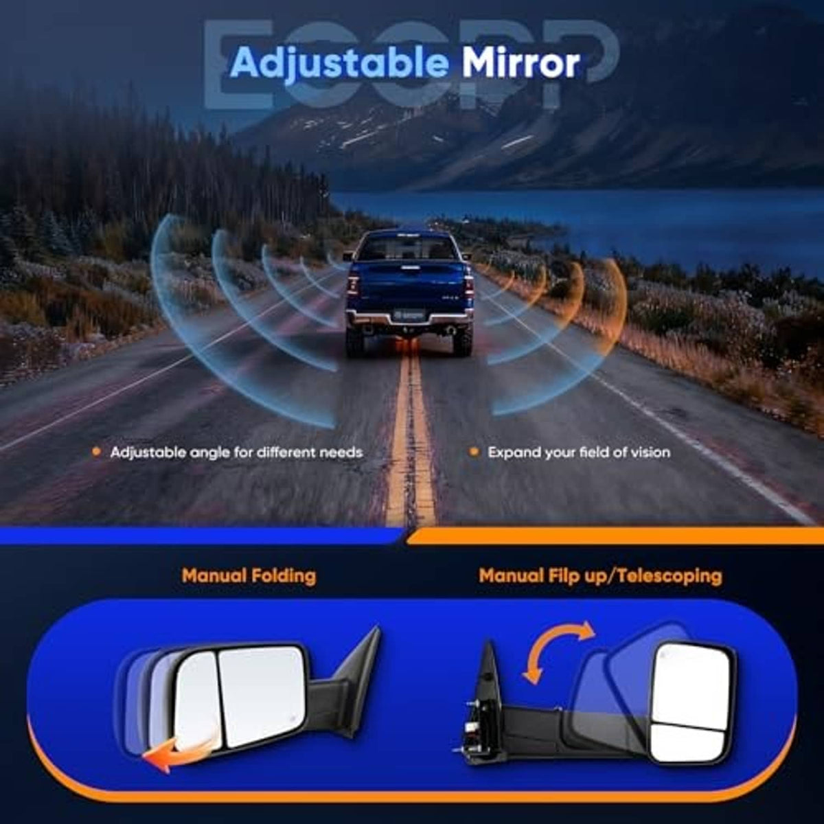 Adjustable manual folding towing mirror showing flip-up and extended positions