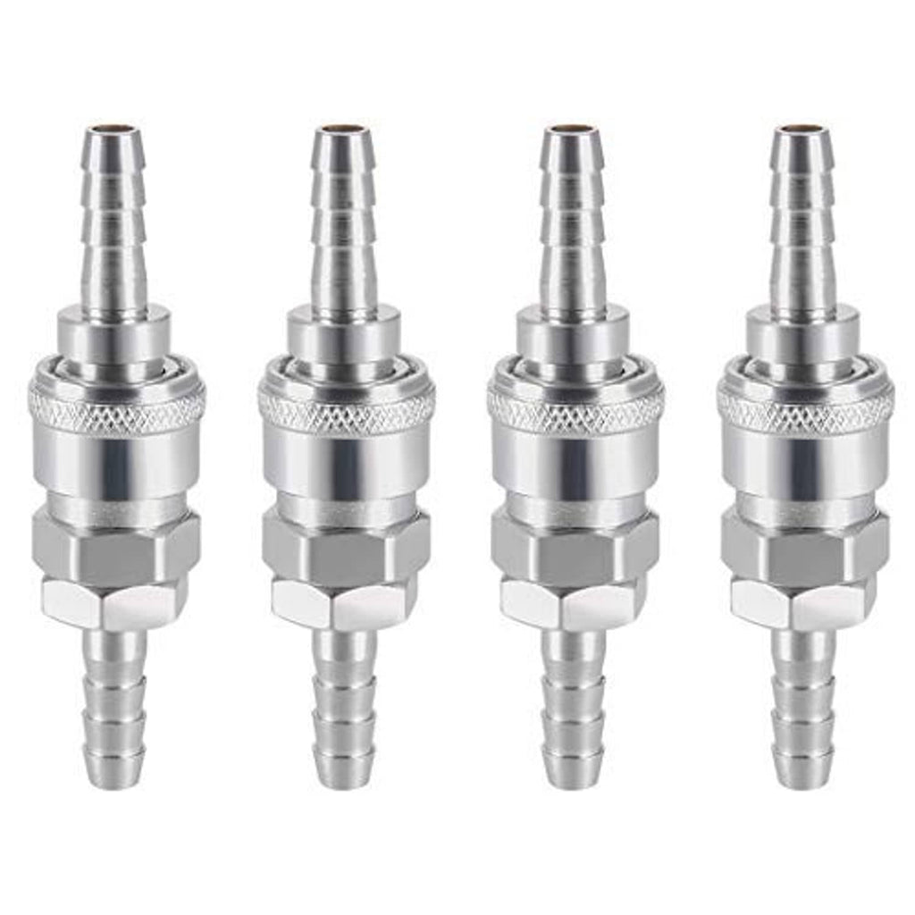 Four stainless 8mm quick disconnect barb hose fittings with textured grip collars