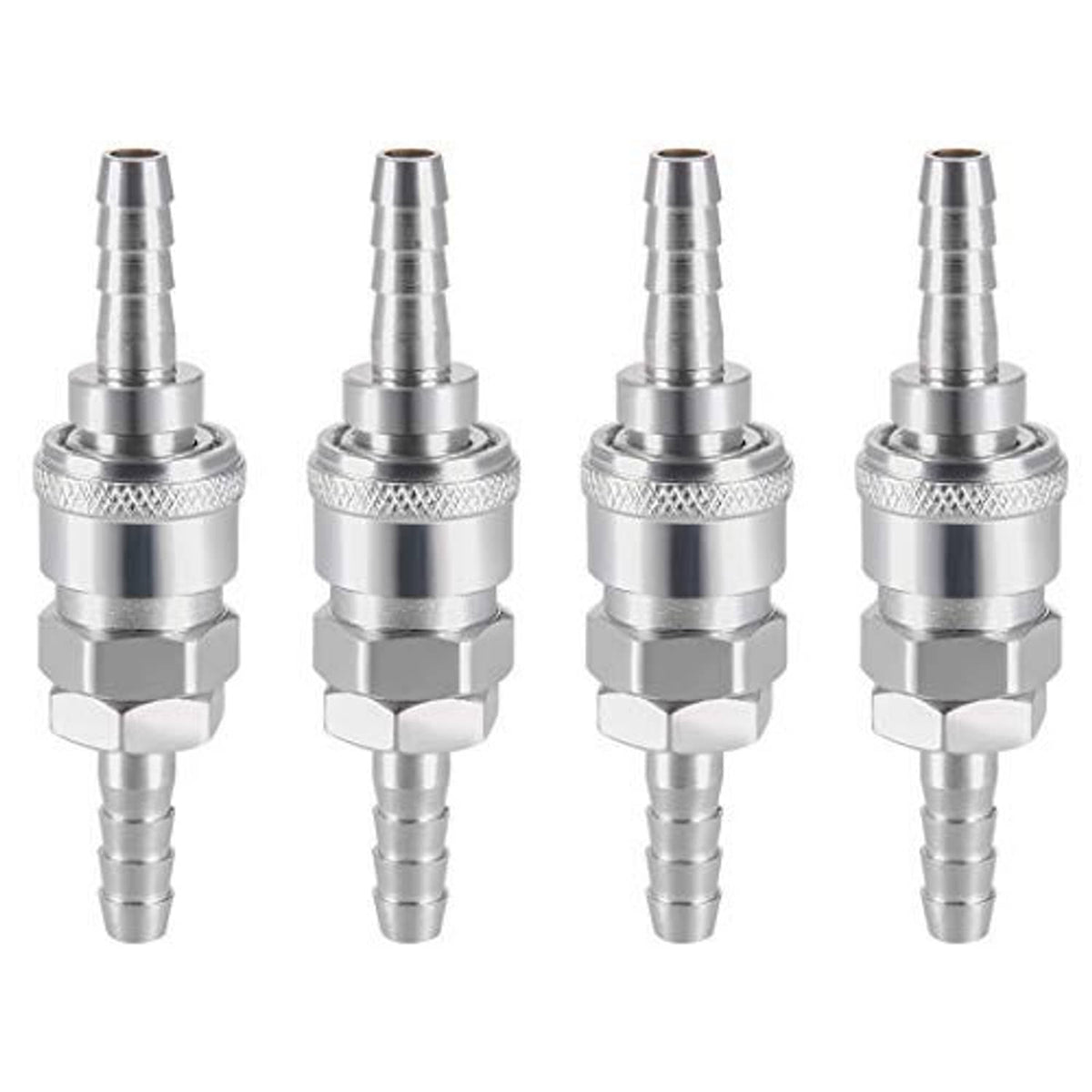 Four stainless 8mm quick disconnect barb hose fittings with textured grip collars