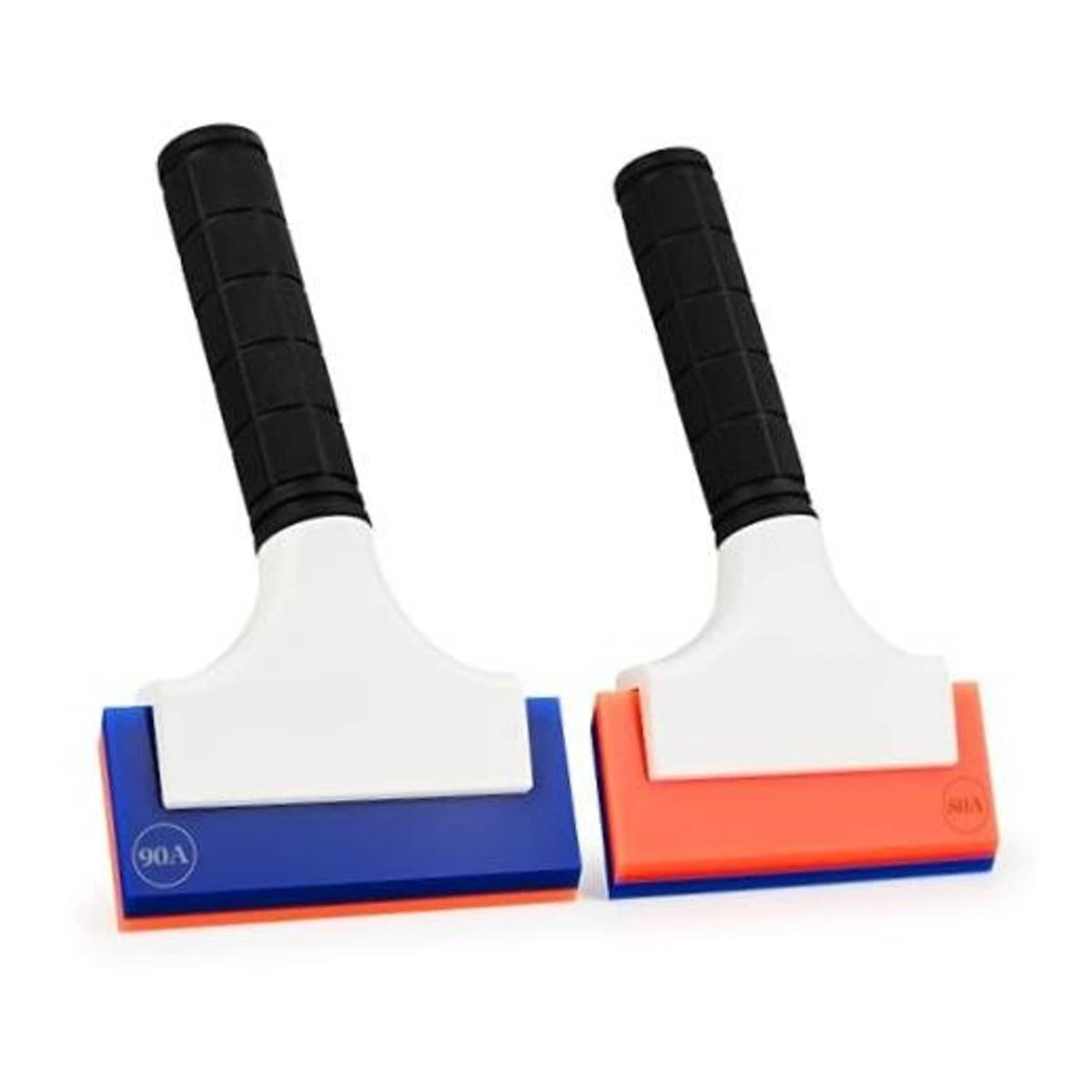 Double-edge blade rubber squeegee, white blade with black textured handle and blue base.