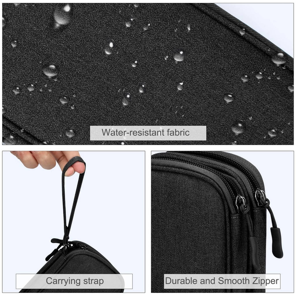 Black water-resistant cable organizer pouch with smooth zipper and carry strap