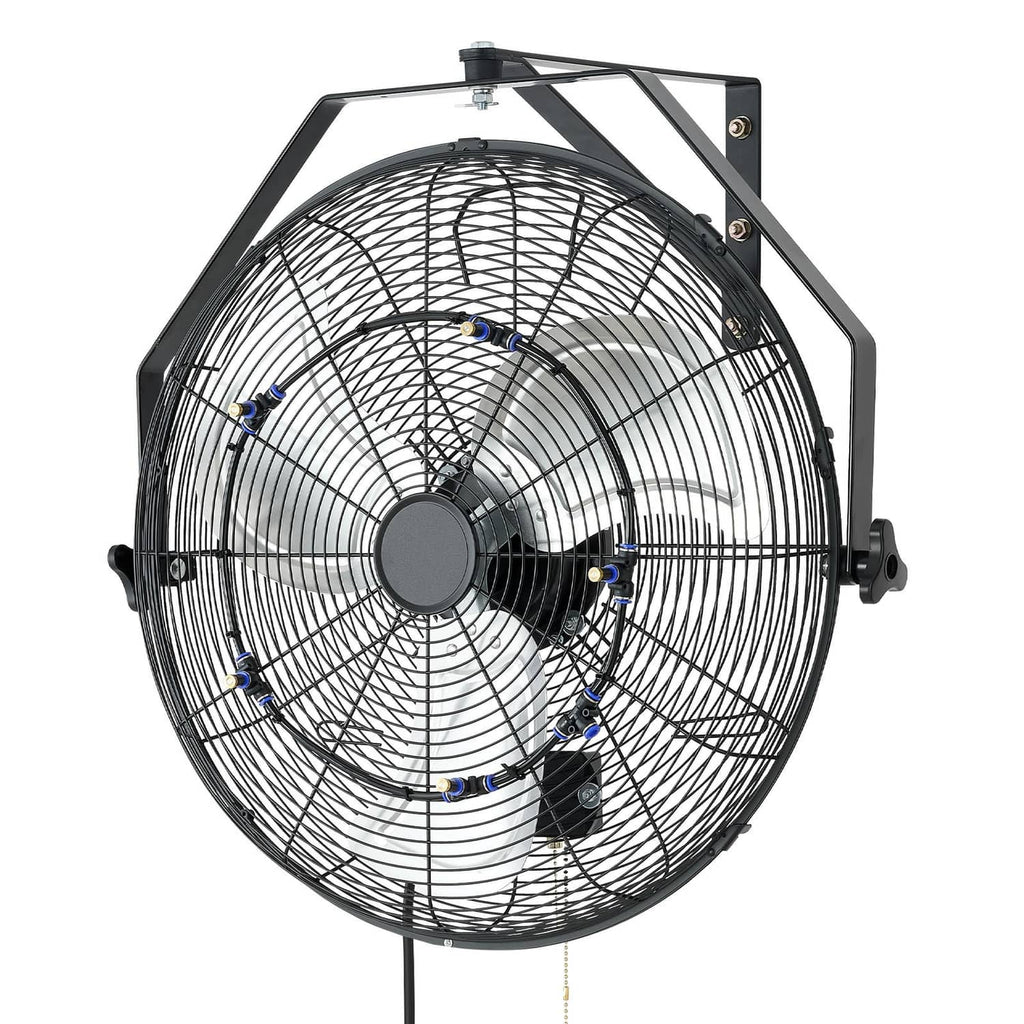 Wall-mounted mist fan with front wire grille and black blades, center motor