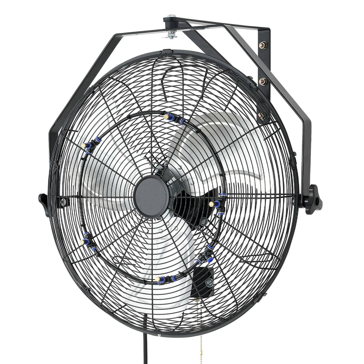 Wall-mounted mist fan with front wire grille and black blades, center motor