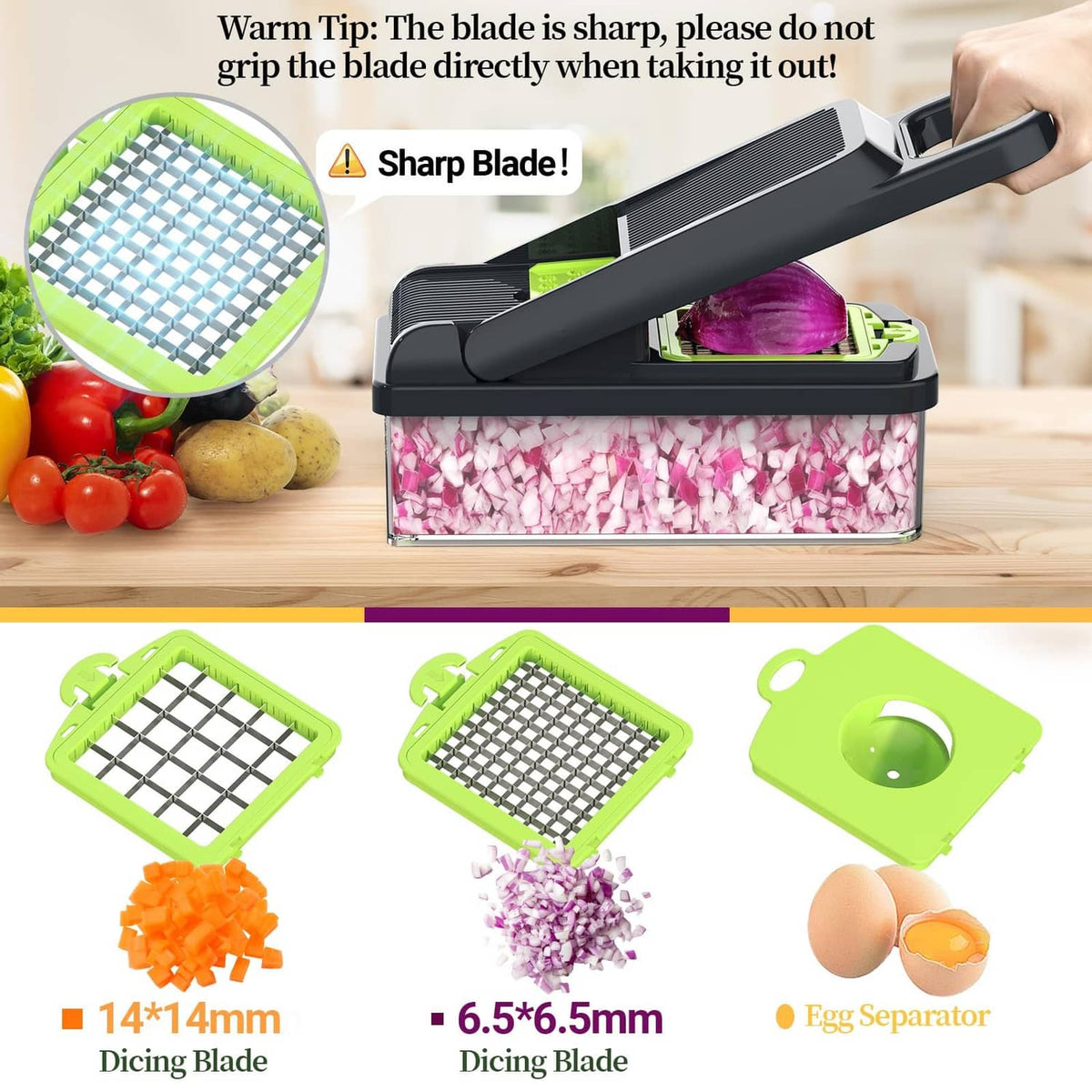 Vegetable chopper with sharp blade module over a clear box for slicing onions and potatoes