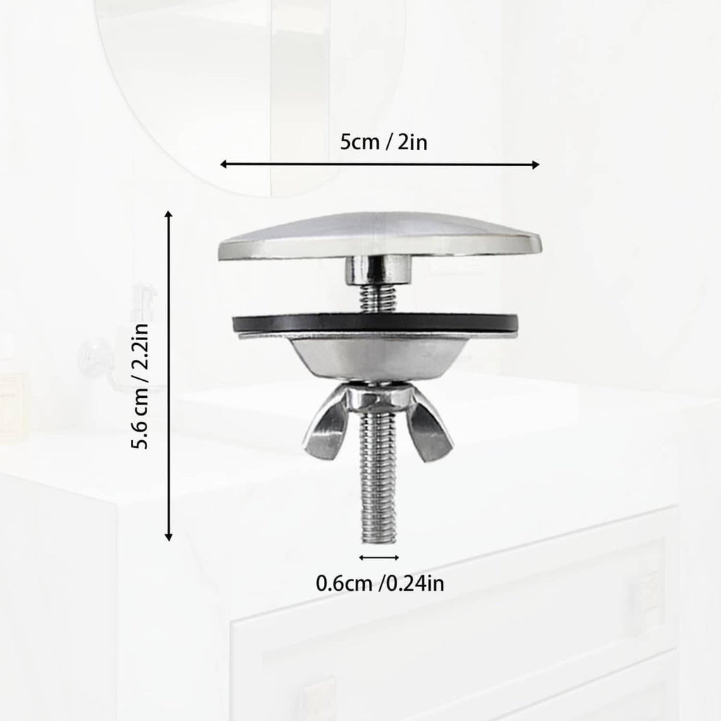 Stainless steel 2-inch sink hole cover dimensions view, with threaded stem and clamp wings