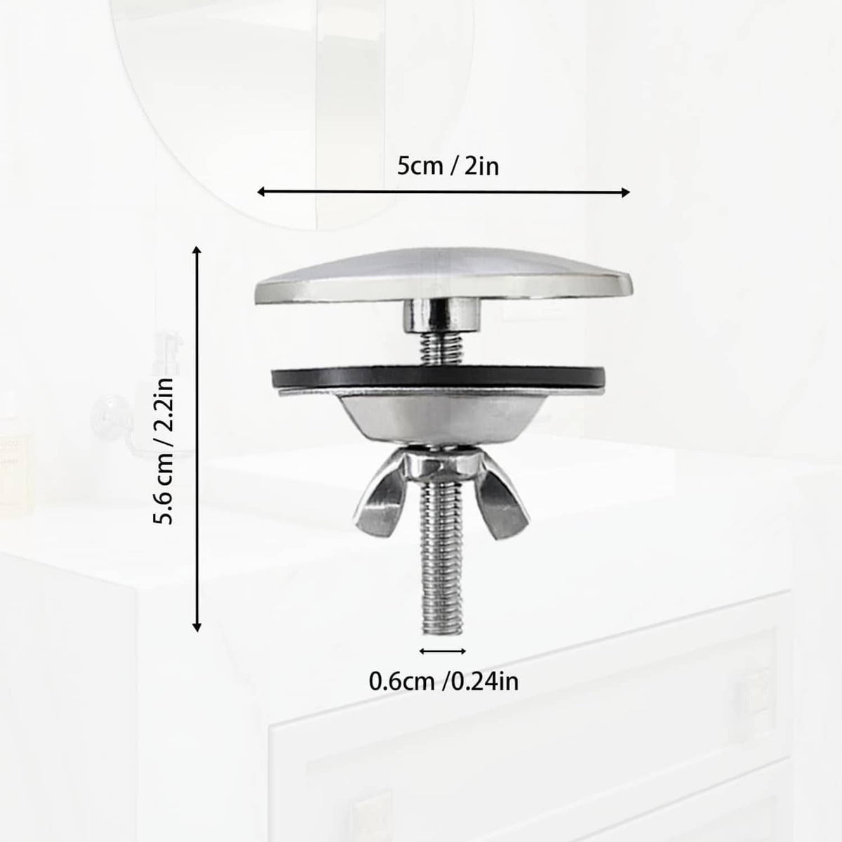 Stainless steel 2-inch sink hole cover dimensions view, with threaded stem and clamp wings