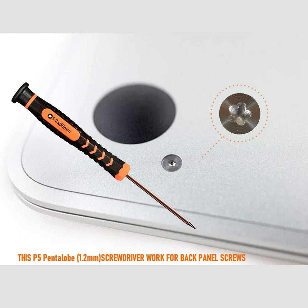 P5 Torx precision screwdriver with orange-and-black handle and steel shaft; screw detail