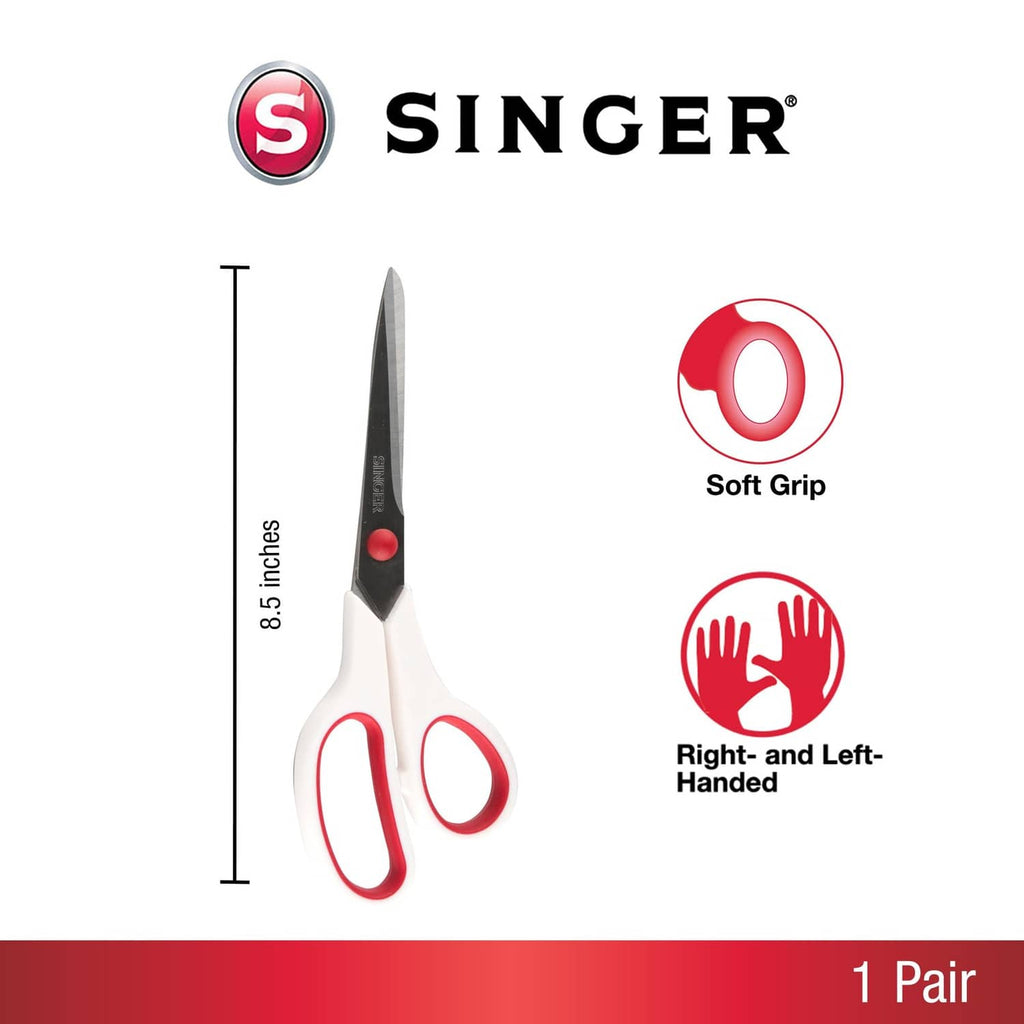 Singer 8.5 in fabric scissors with red-and-white handles and stainless steel blades