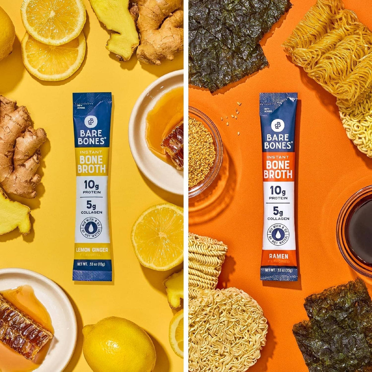 Instant bone broth powder packets for lemon ginger and ramen with citrus and noodles
