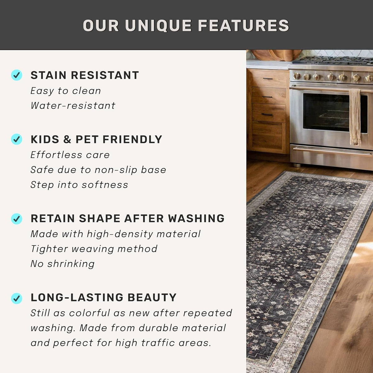 Dark boho runner rug with light border and repeating geometric medallion pattern