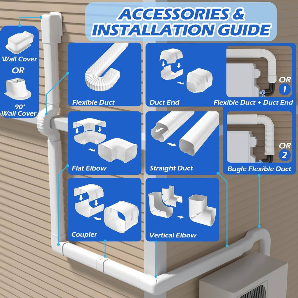 Mini-split line set cover duct accessories diagram showing elbows, coupler, and flexible duct ends