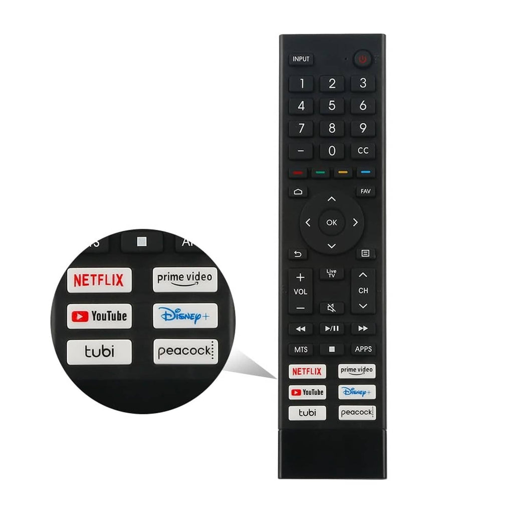 Gray universal TV remote with keypad, navigation buttons, and streaming app shortcuts