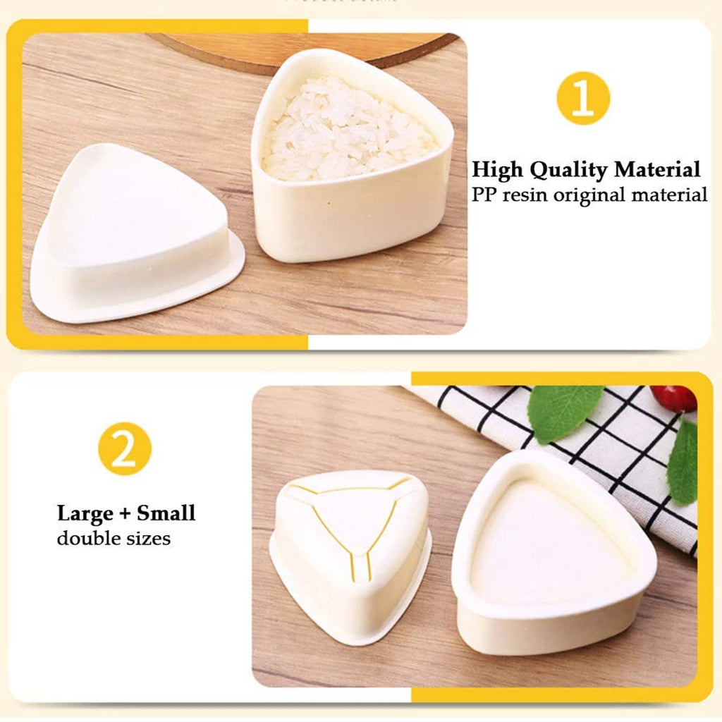 Cream triangle onigiri molds with one filled with rice on a wooden cutting board