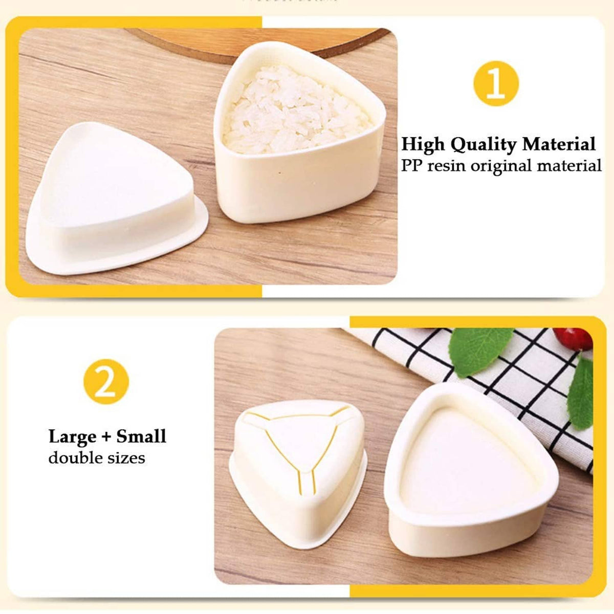 Cream triangle onigiri molds with one filled with rice on a wooden cutting board