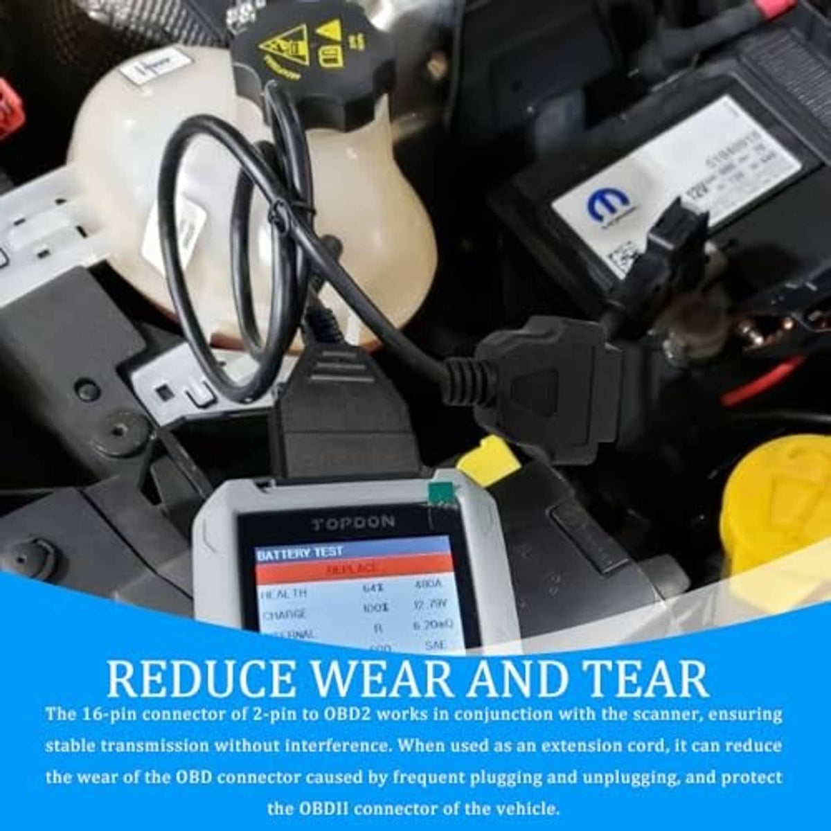 OBD1-to-OBD2 adapter cable with 12-pin and 16-pin ends connected near engine bay
