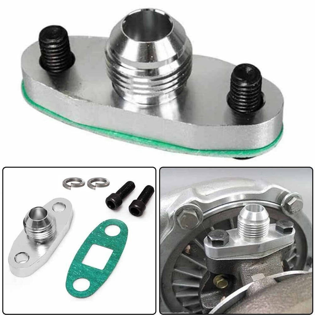Turbo oil drain outlet flange adapter kit parts shown: flange, gasket, bolts, rings