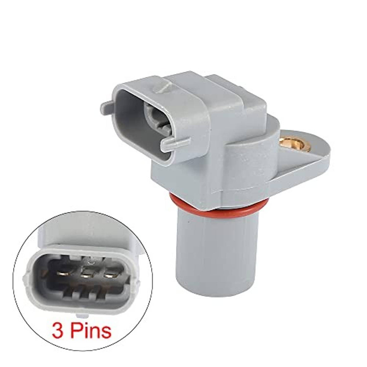 Camshaft position sensor with 3-pin plug, light gray body, and red sealing ring