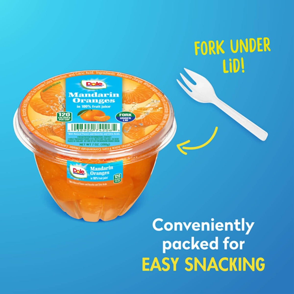 Mandarin Oranges fruit cup with plastic fork under lid