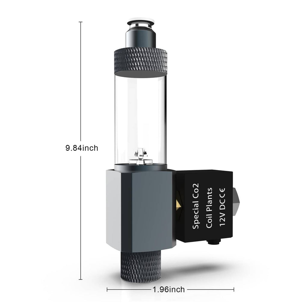 Compact CO2 solenoid valve with adapter, silver body and black 12V DC solenoid