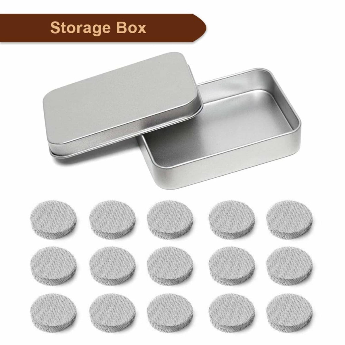 Metal storage box with multiple stainless steel round mesh pipe screens, gray discs