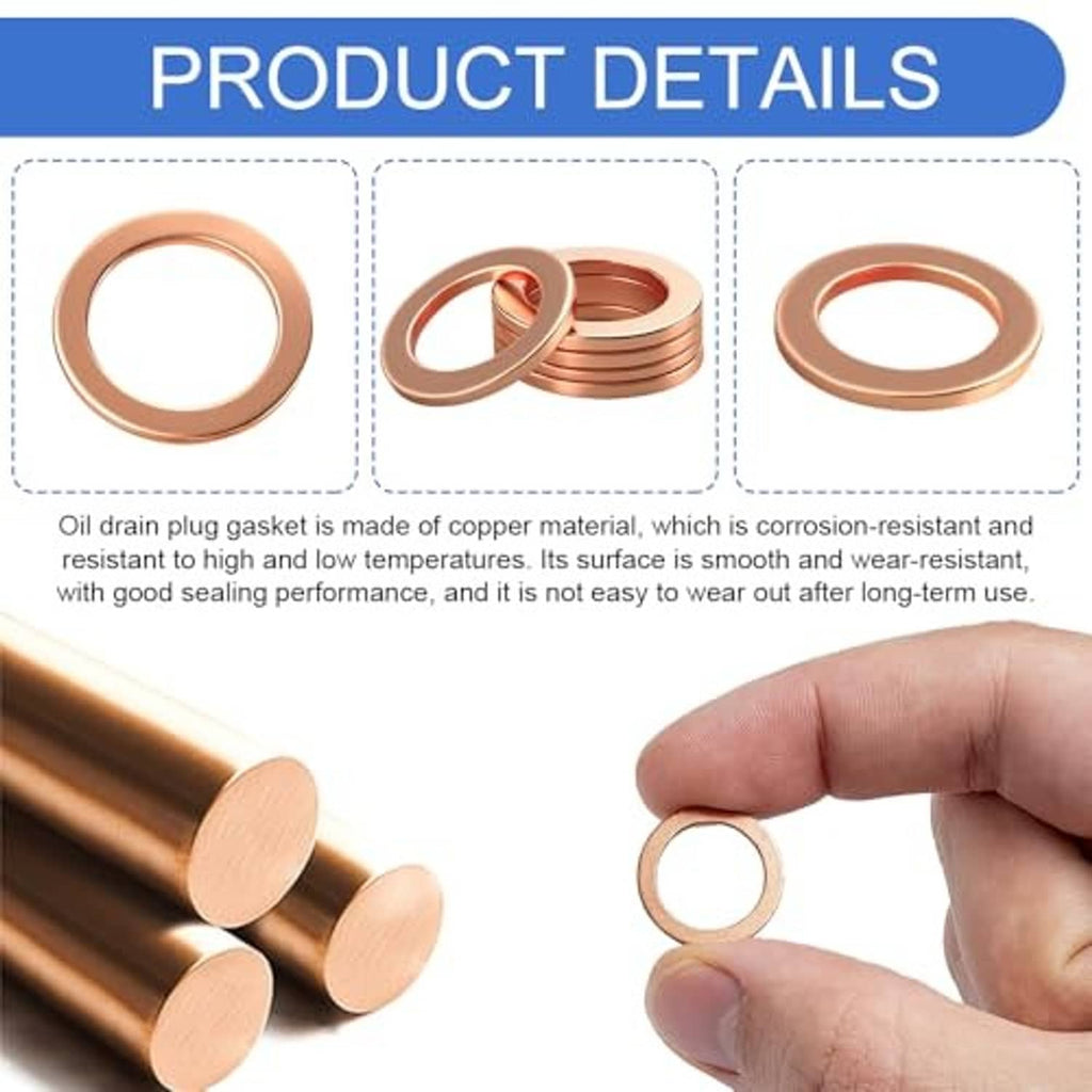 Copper crush washer gasket set, close-up round copper rings with center holes; hand holds one