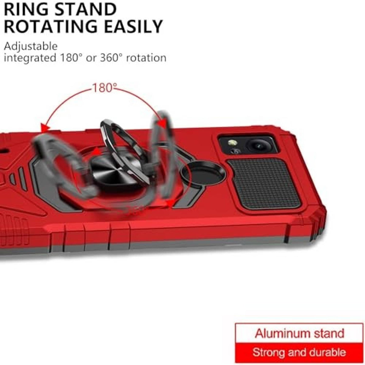 Red rugged phone case with rotating aluminum-style ring stand on back