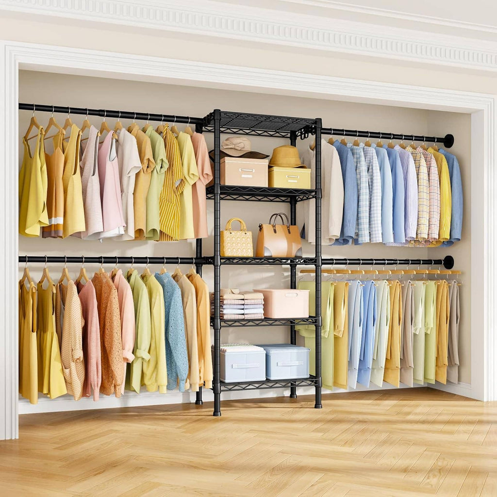 Wall-mounted black closet rack with hanging rods and wire shelves, displaying folded items.