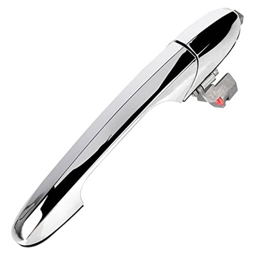 Exterior chrome door handle for right passenger side, angled view with latch bracket