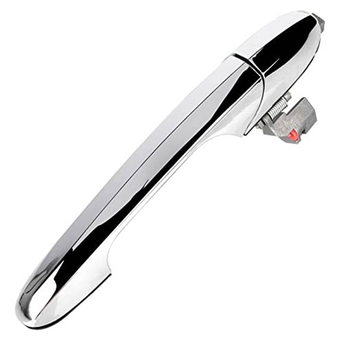 Exterior chrome door handle for right passenger side, angled view with latch bracket