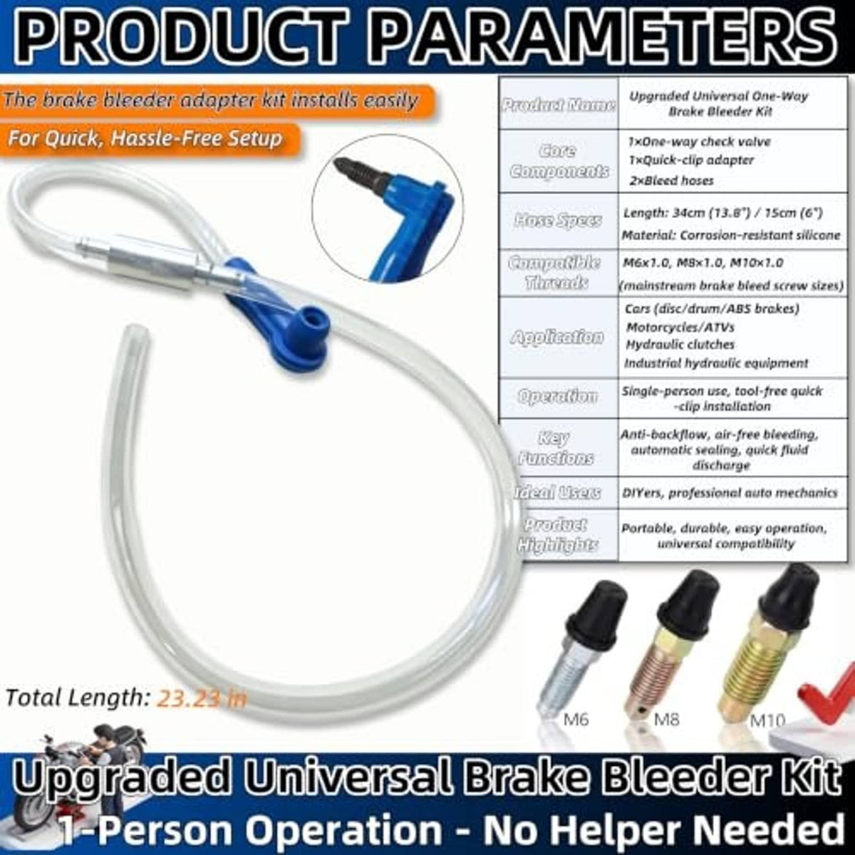 Universal brake bleeder kit hose loop with blue one-way valve and assorted bleeder tips