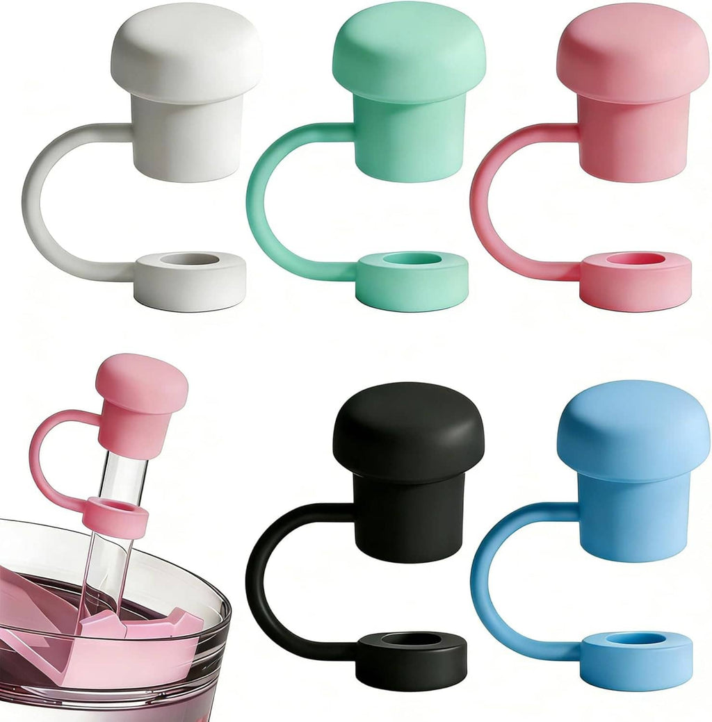 Color assortment of 5 straw topper caps for cups, featuring white, mint, pink, black, blue.