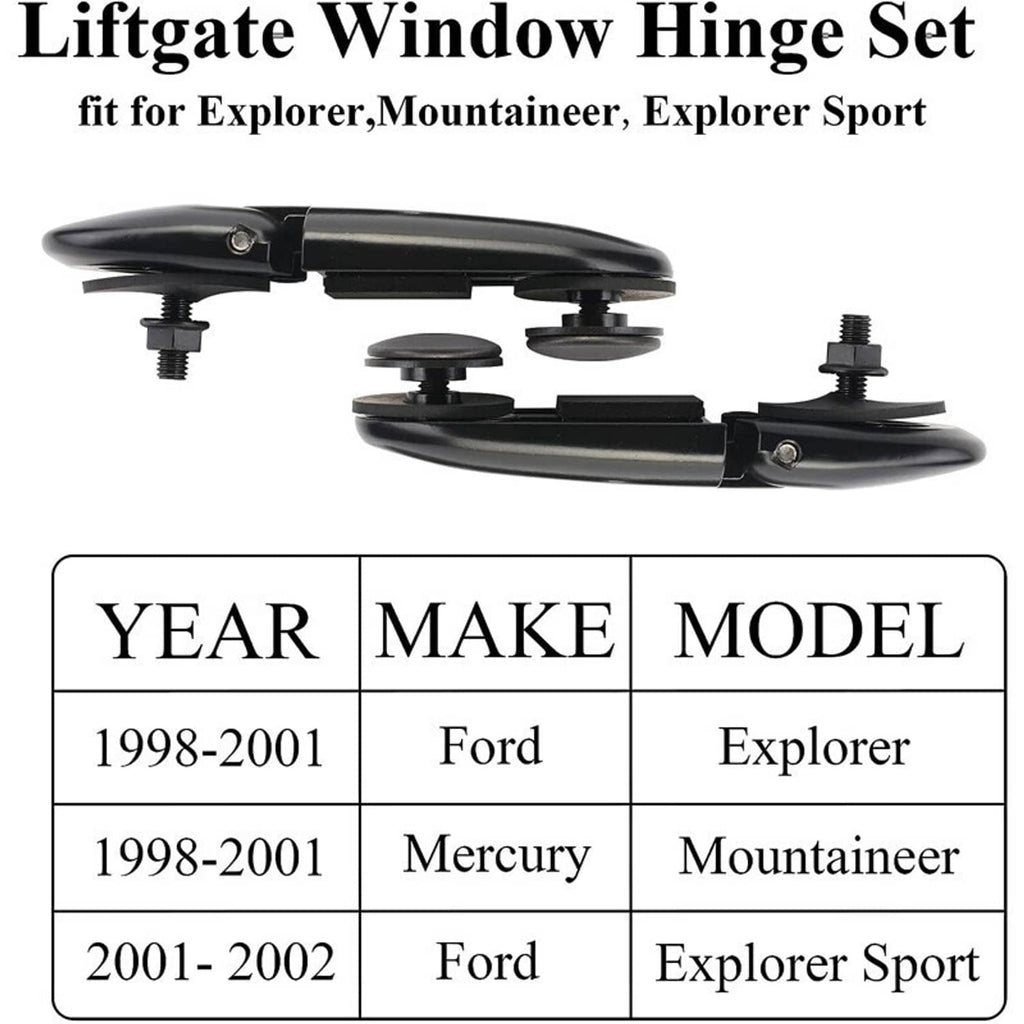 Black liftgate window hinge set with hardware studs and brackets, pair