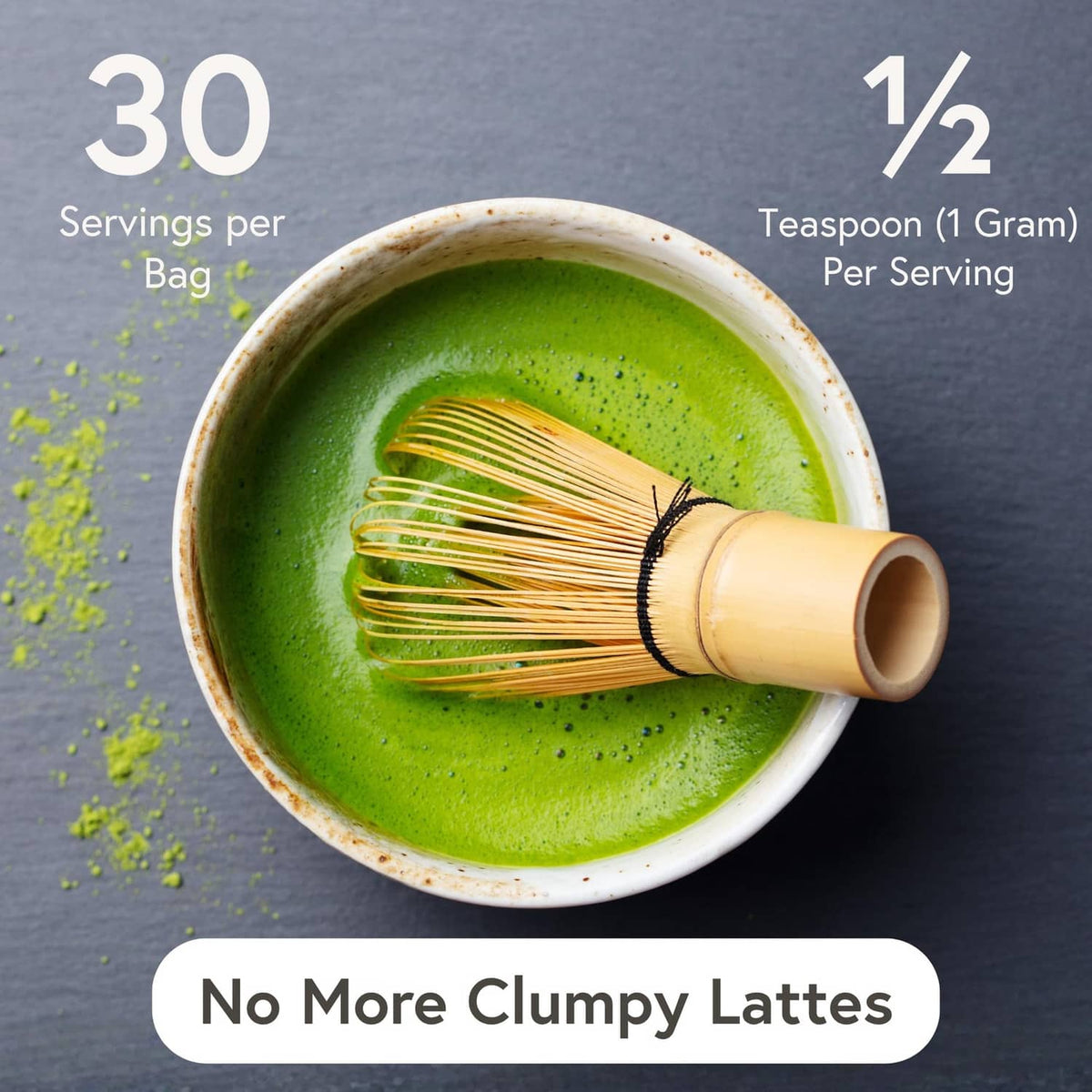 Green matcha in bowl with whisk, showing serving and teaspoon per serving graphics
