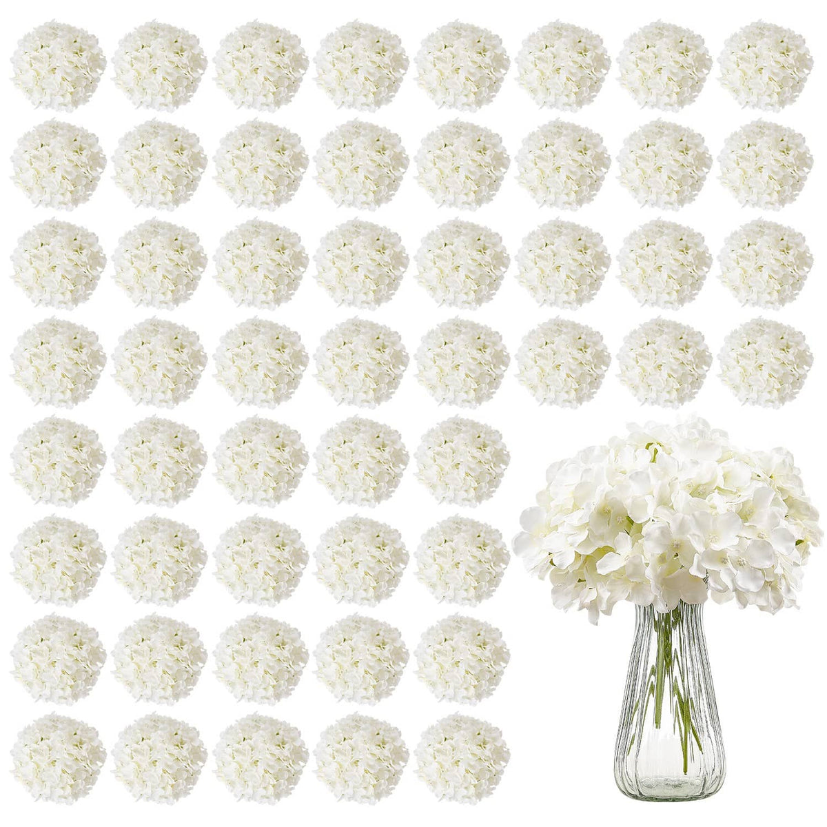 Artificial silk hydrangea flower bouquet with white blooms in glass vase, 65-piece set