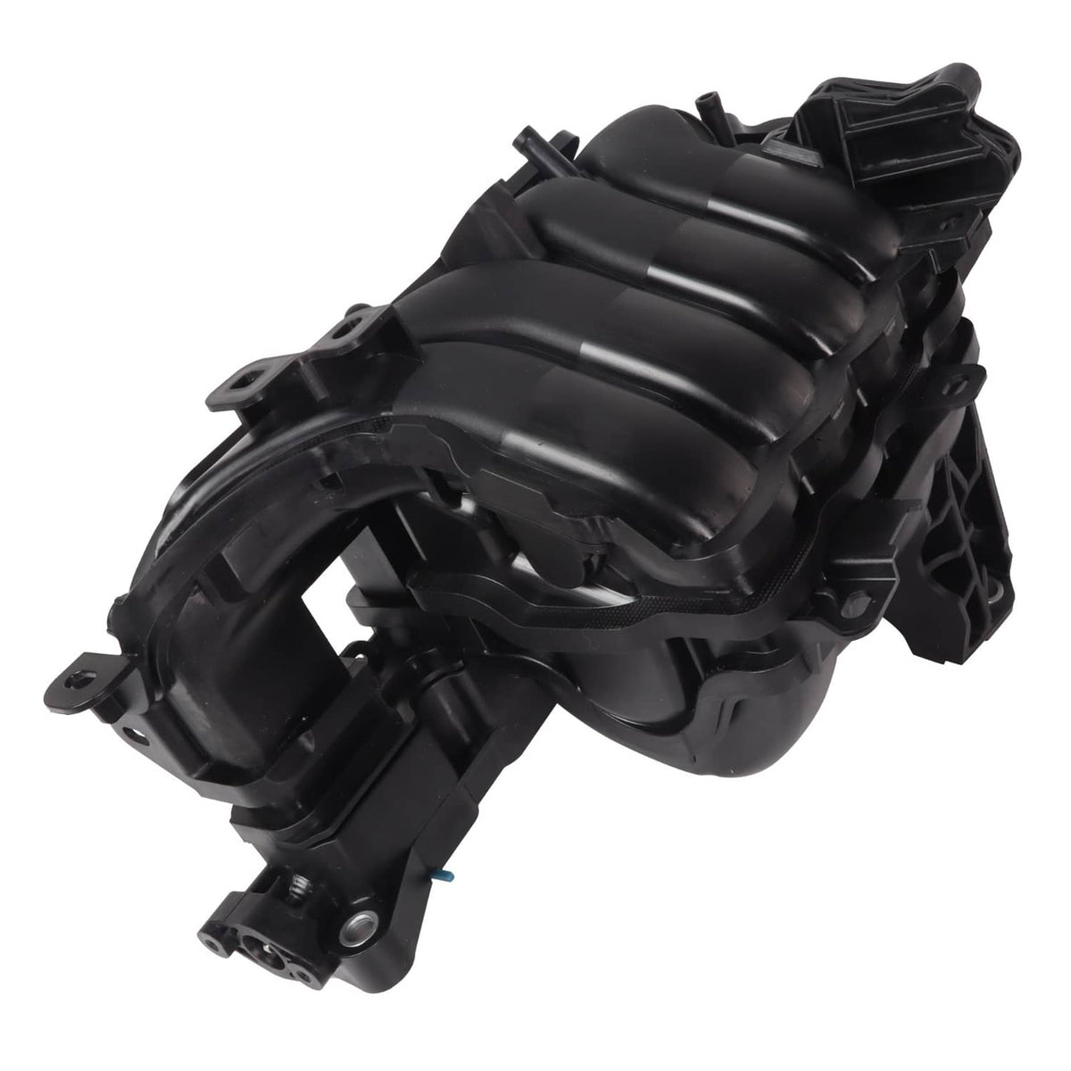 Black air intake manifold housing with curved intake tubes and mounting tabs