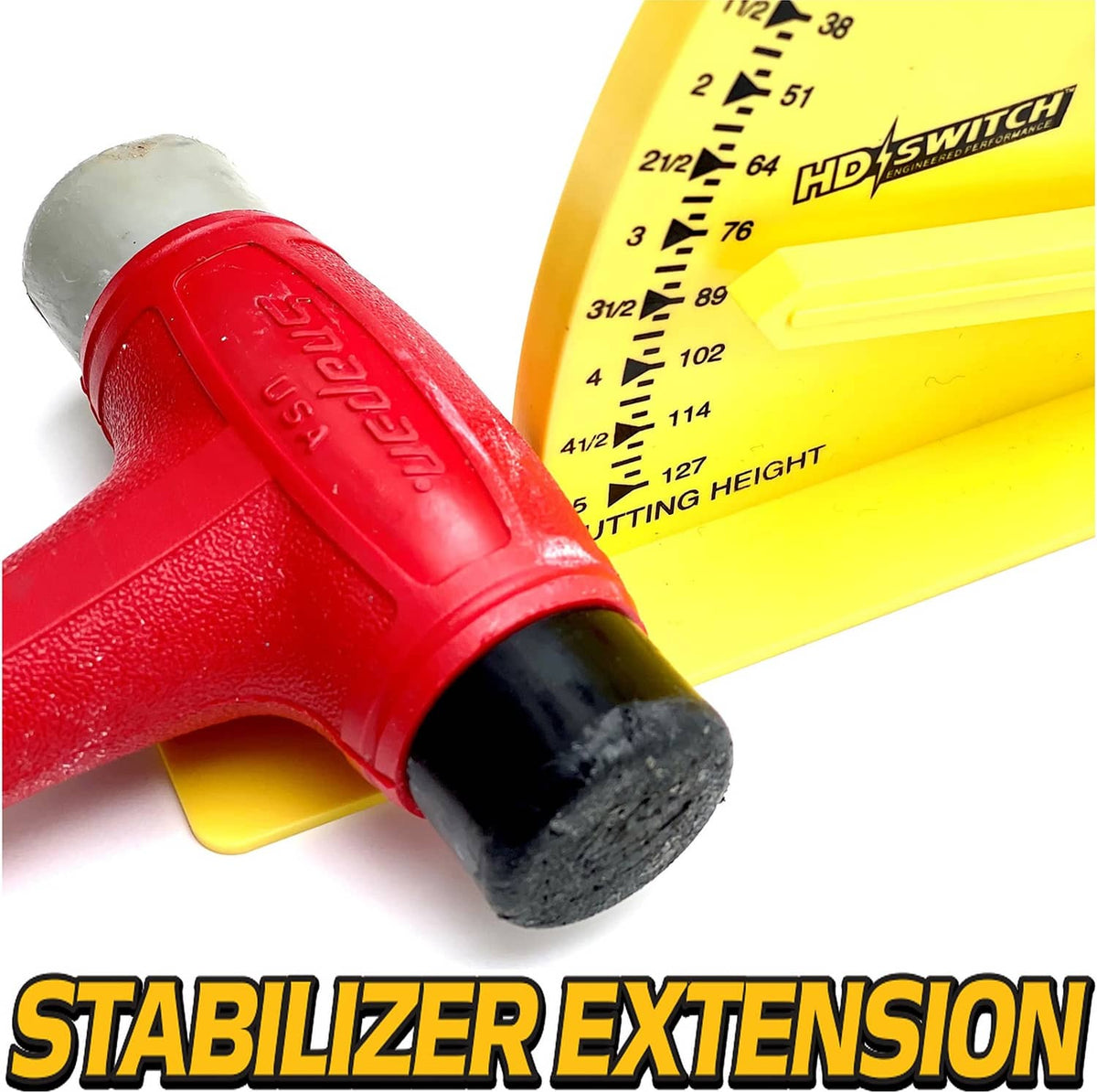 Yellow height gauge with red rigid arm and black rubber tip on a stabilizer extension