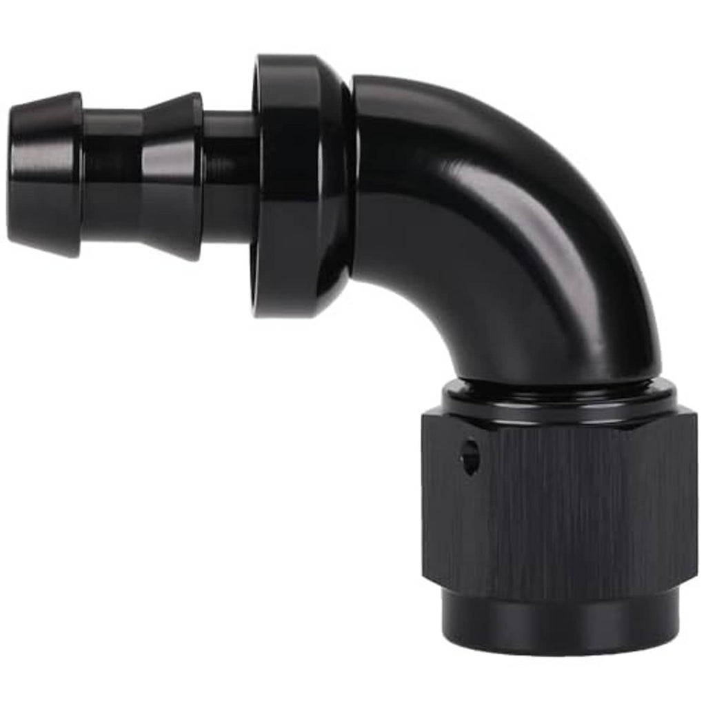 Black 90-degree push-lock hose elbow fitting, barbed end with lock collar
