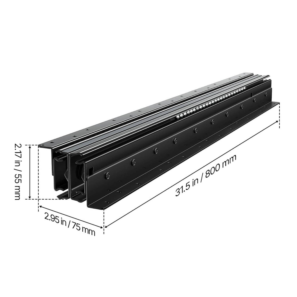 Black drawer slide rails pair, angled view with size measurement lines