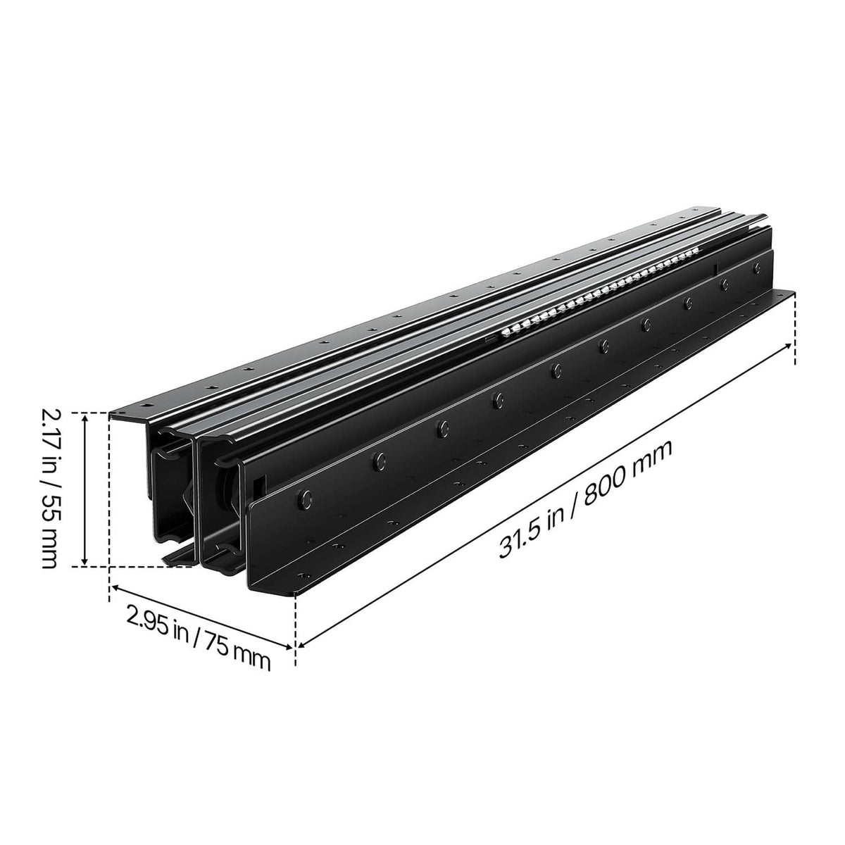 Black drawer slide rails pair, angled view with size measurement lines