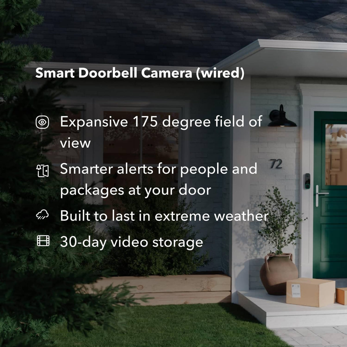 Smart doorbell camera feature list over a home entryway scene