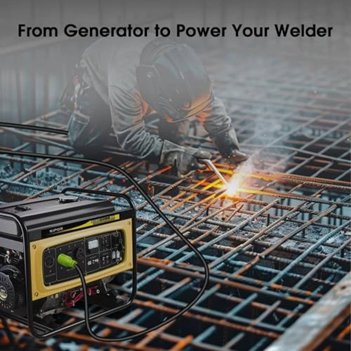 Black generator-to-welder adapter cord with green plug during welding setup