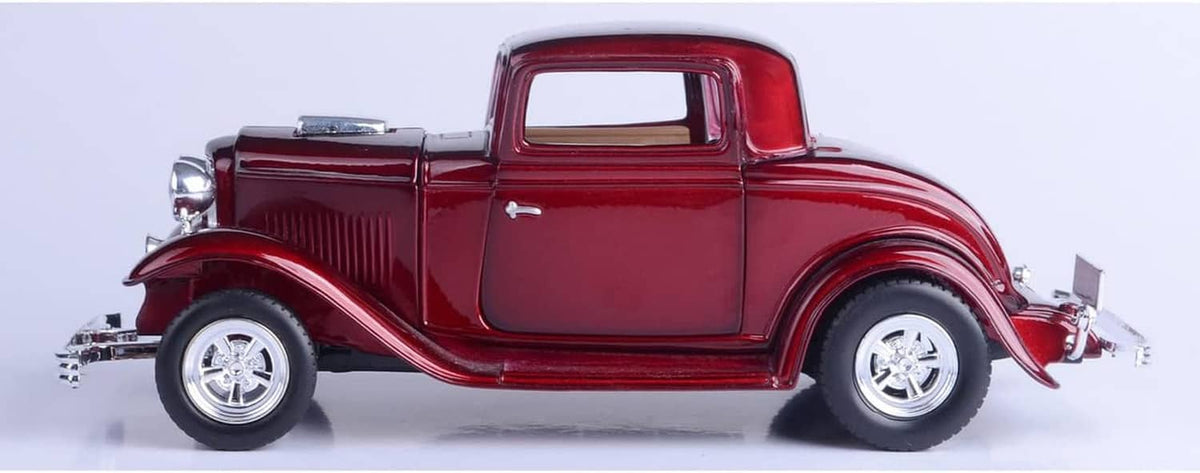 Red 1932 Ford coupe diecast model car side profile with chrome details and wire-spoke wheels.