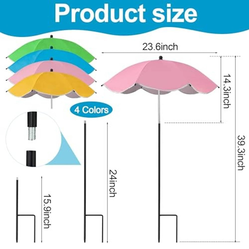 Plant umbrella size diagram with four colored canopies and height measurements