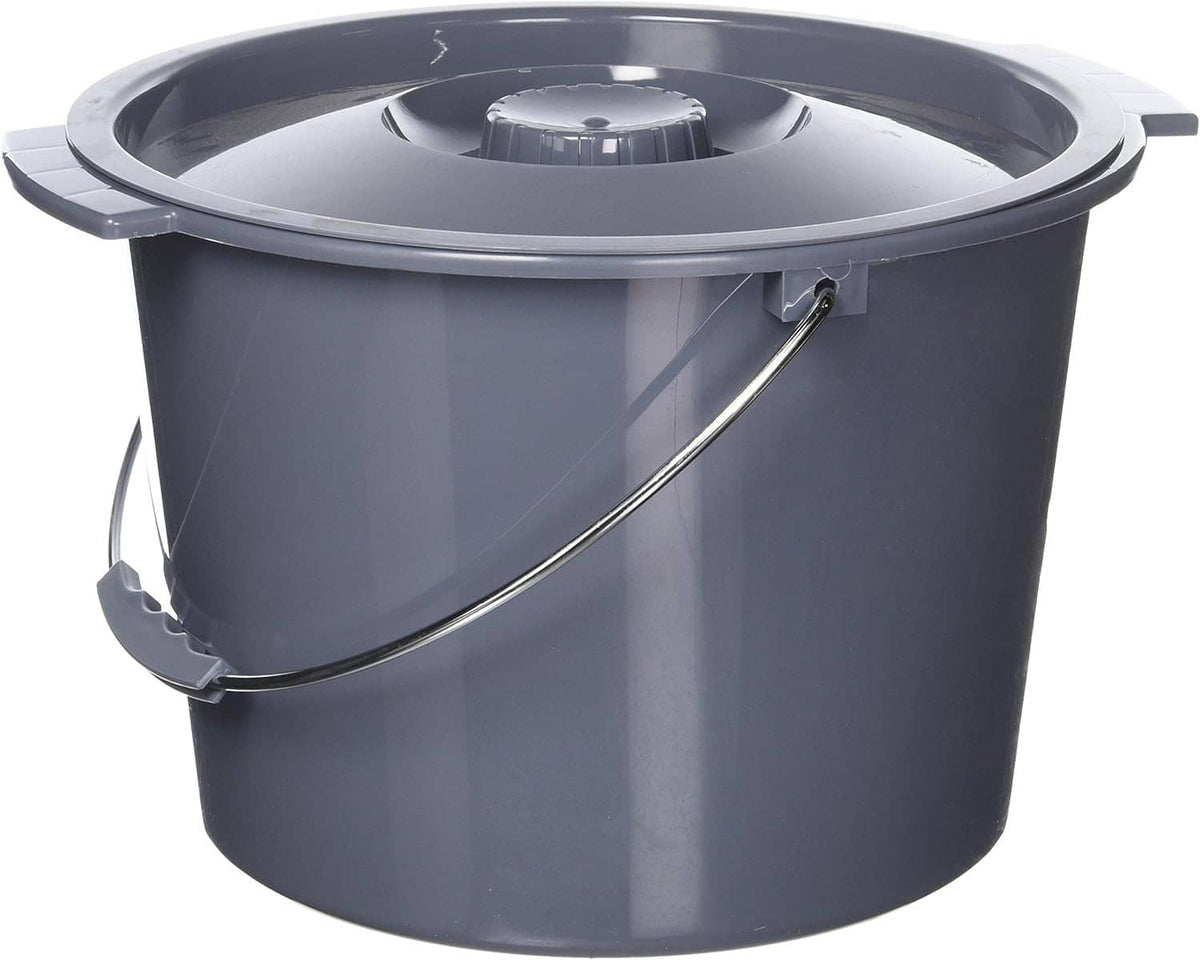 Dark blue plastic commode bucket with lid and carrying handle, round container with center knob
