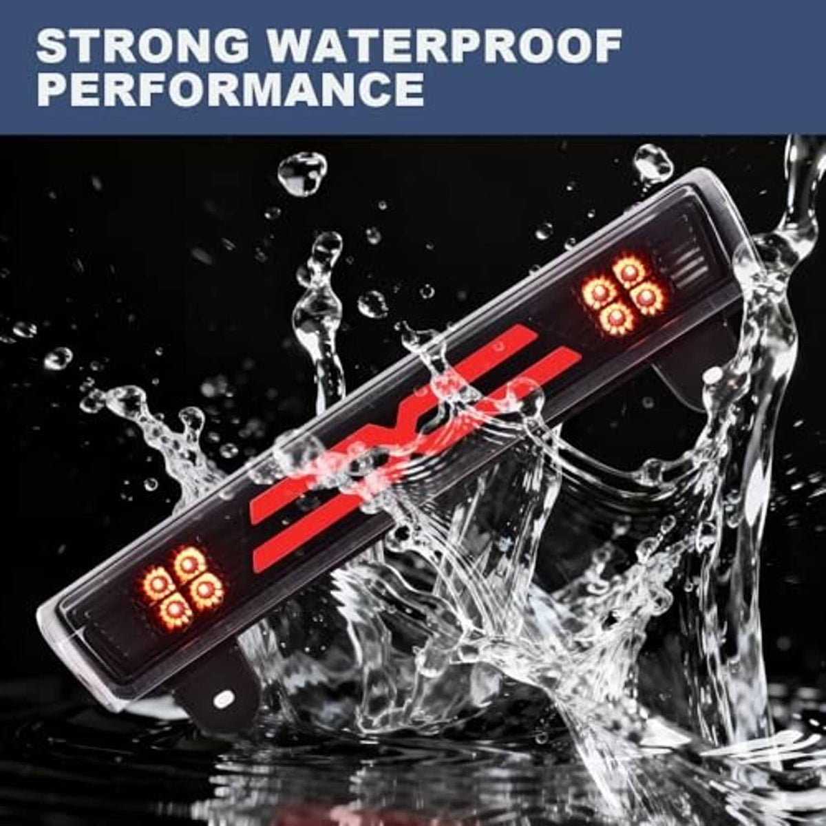 LED third brake light with clear lens, black housing, red LEDs under water-splash