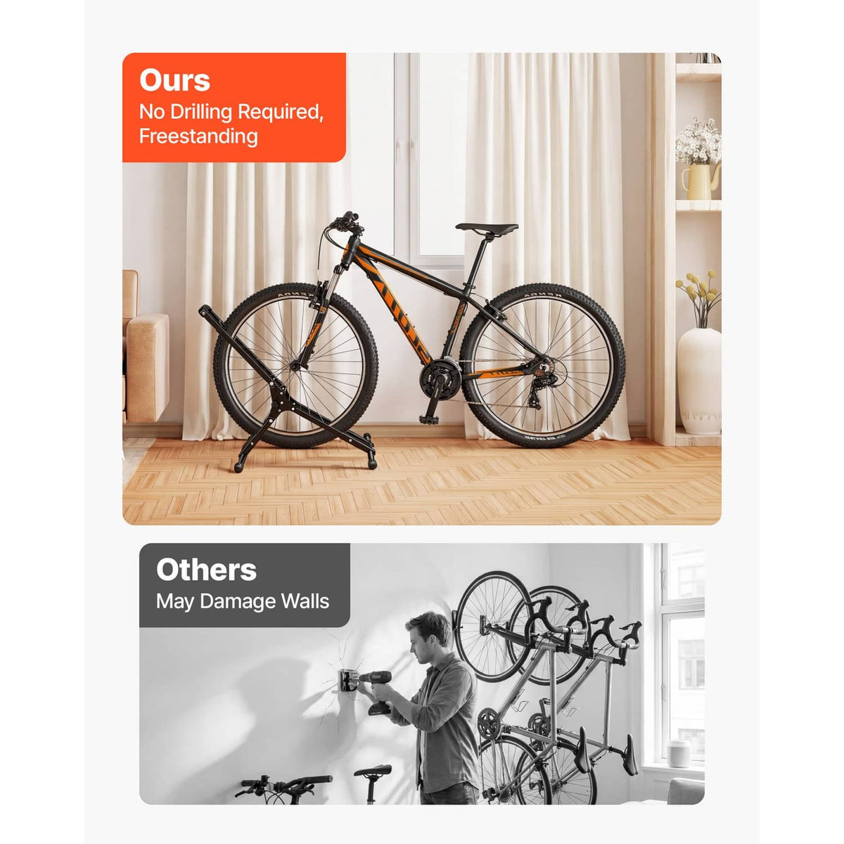 Black foldable bike storage rack holding a mountain bike indoors