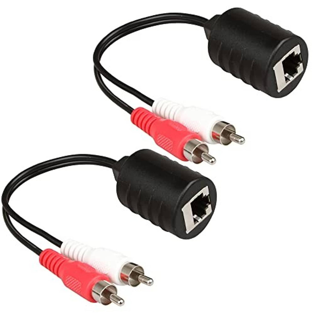 Stereo RCA to RJ45 audio signal extender cable, black ends with red and white RCA connectors